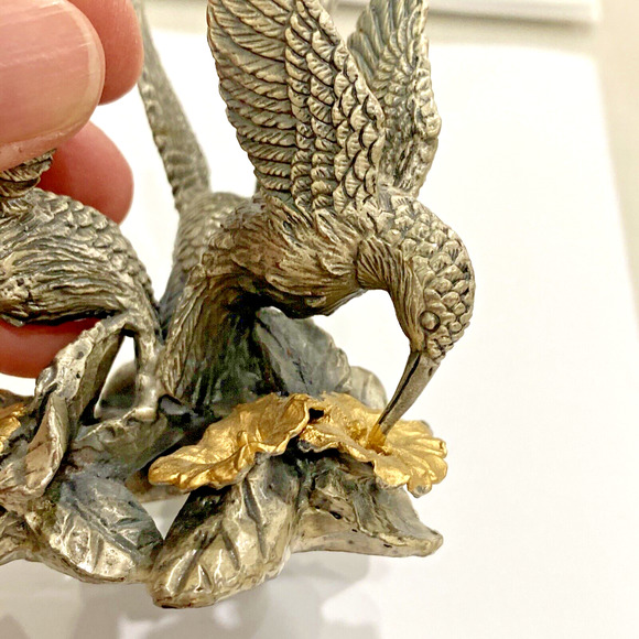 Blue Glass Crystal Ball Paperweight Silver & Gold Metal Hummingbird Orb Holder - Picture 7 of 10